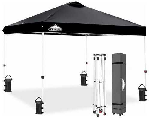 EAGLE PEAK Tonnelle de Jardin Pliable 3x3m Pop-up Gazebo Tente Pliante Pavillon，avec Sac de Transportable à Roulette pour Camping, Plage, Jardin, Noir