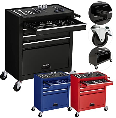 Arebos Werkstattwagen Schwarz | 4 Schubladen inkl. 81-TLG. Werkzeug + großes Fach | inkl. Antirutschmatten | kugelgelagerte Schubladen | Transportsicherung | 2 Rollen mit Feststellbremse