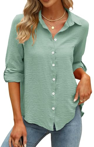 Odosalii Damen Oberteile - Chiffon Hemdbluse - Basic Langarmshirt - V-Ausschnitt Business Casual Musselin Bluse Hemden - Lässige Knöpf Bürohemden Tops Tunika Shirt (Hellgrün,Large)