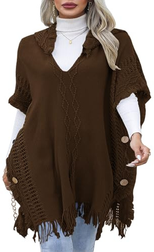 JFAN Poncho Donna Invernale Poncho in Maglia con Cappuccio e Bottoni Mantelle con Nappe Coprispalle Marrone