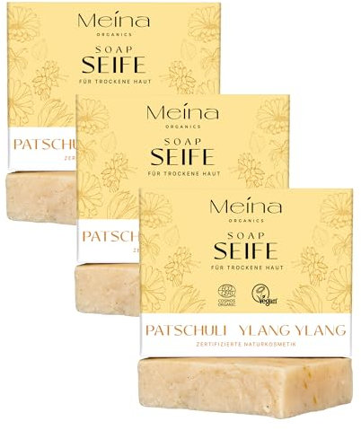 Meina Naturkosmetik - Bio Seife mit Ylang Ylang und Patschuli, Naturseife für trockene Haut ohne Palmöl, Zertifiziert, Vegan, Nachhaltig, Handgemacht, Wie ein festes Duschgel - 100g