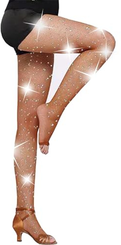 Fohevers Calze a rete da donna scintillanti a punta aperta con glitter collant a rete con recinzione a diamante leggings a rete con strass per danza, Caff, taglia unica