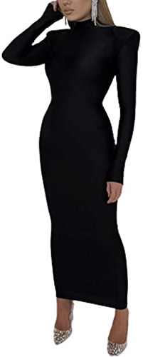 YUYUREAL Abito Aderente da Donna con Spalle Larghe, Formale, a Maniche Lunghe, Collo Alto, con Spalline, Maxi Abito da Festa, Nero, S