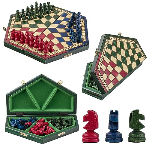 Master of Chess Schackbräde i Trä med Schackpjäser för 3 Personer 40 x 35 cm - Handgjord Hopfällbart Reseschackspel - Stort Schackspel för Barn och Vuxna