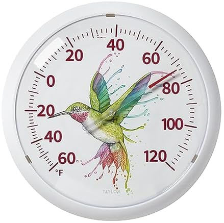 Taylor Watercolor Series Rainbow Hummingbird Indoor Outdoor Dial Thermometer, Home Decor for Patio, Pool, or Garage, 13.25inch, White Bezel