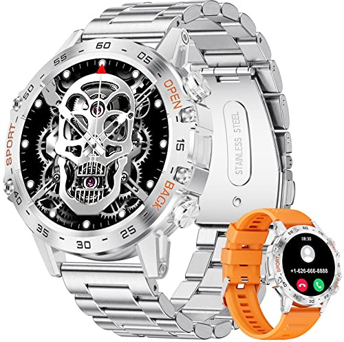 Military Smart Watch for Men, Smart Watches with Bluetooth Voice Call Compatible Android iOS Phone, Smartwatch with Heart Rate SpO2 Pressure Sleep Monitor,IP67 Waterproof Silver Tactical Fitness Watch