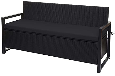 Mendler Poly-Rattan 3er Sitzbank HWC-F39AM, Gartenbank Truhenbank, Staufach Aufbewahrung Sitzkissen - anthrazit, Kissen schwarz