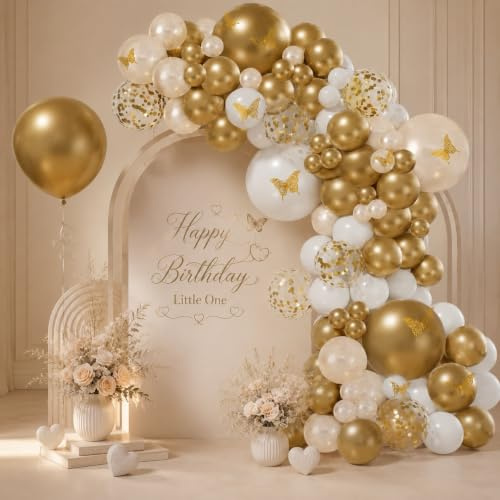 Gold and White Balloon Arch Kit - 115pcs Gold and White Balloons Arch with Confetti Balloon Metallic Golden Butterfly Stickers Party Balloons Arch for Birthday Party Decoration Baby Shower Engagement