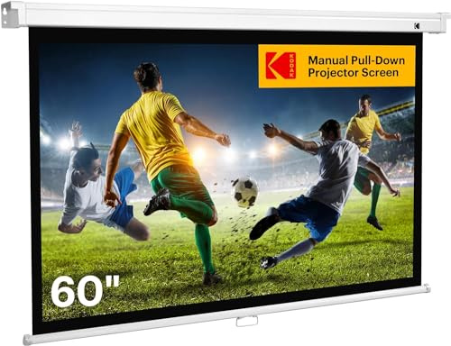 Kodak Manual Pull-Down White Projector Screen 60 Inch | Large 16:9 Office, Home Movie Theater Screen with Wall & Ceiling Mount Options, Easy-Clean Matte Fabric & Retractable Hanging Design | Indoor.