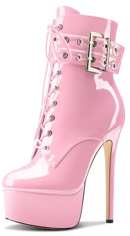 Aachcol Womens Stiletto High Heel Platform Ankle Boots Round Toe Lace-up Zipper Mid Calf Buckle Patent Leather Dress Booties Pink 10 M US