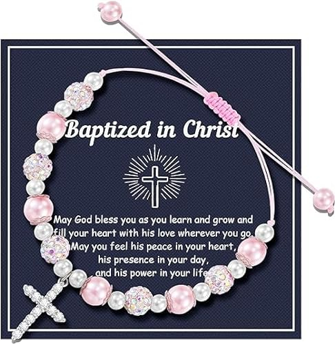YUEXNKO Bracelet de Perles de Croix de Baptême, Cadeau de Première Communion Bracelet de Perles, Bracelets de Perles en Croix Personnalisés pour Filles, Cadeaux de Première Communion pour Filles