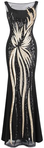 Angel-fashions Women's Sheer Gold Sequined Black Splicing Evening Dress Size 10