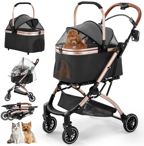 Gimars Mise à Niveau Poussette Pliable 4 en 1 Supporter 20kg pour Petits Chiens et Chats, avec Fenêtre en Filet Porte-Animal Amovible, Roues Avan à 360°, Frein Habillage Pluie Panier Rangement Noir