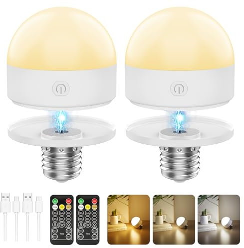 Suright 2 Stück Wiederaufladbare Glühbirne mit Batterie, E27 LED 3 Farben Dimmbare Abnehmbare Akku Glühbirne mit Fernbedienung und Timing für Nicht Verkabelte Dekoration Lampen