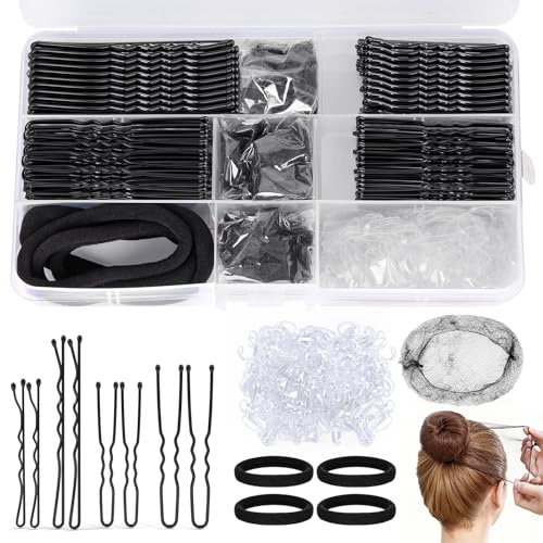 HONZUEN 385 Pezzi Fermagli per Capelli Kit, 150 Forcine U, 125 Forcine Piatte, 100 Elastici Trasparenti per Capelli, 6 Retina Chignon, 4 Scrunchies, Accessori Fermagli Donna Set con Scatola, Nero