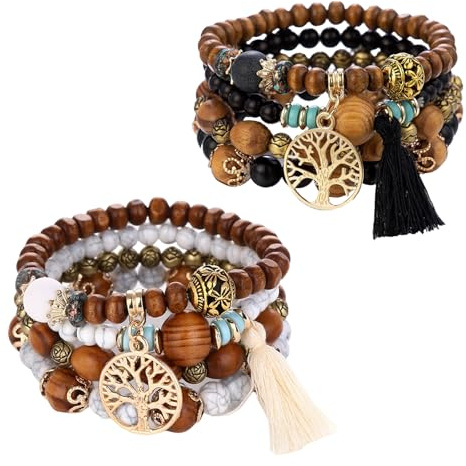Sikweny 2 Piezas Pulsera Personalizada Mujer Bracelet Conjunto Bohemio Pulseras de Chakra Braccialetti da Donna Con Albero Della Vita Cuentas Madera Boho Surfer Para Mujer y Hombre (Negro, Beige)