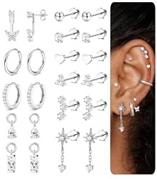 KRFY Boucles d'oreilles Femme Acier Inoxydable Creoles Or Argent Piercing Oreille Hypoallergénique Boucle D'oreille Pendantes Cartilage Piercings 14K Plaqué Or Helix Conch Tragus Piercing S1