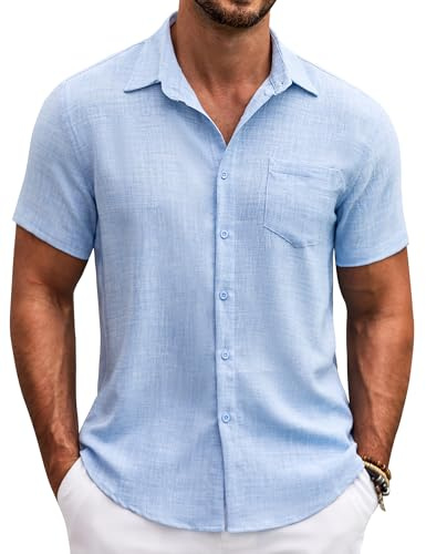 COOFANDY indumento Varonil Mangas Cortas Verano liviano Playa Casual Lino Bolsillos Pecho Ajuste clásico