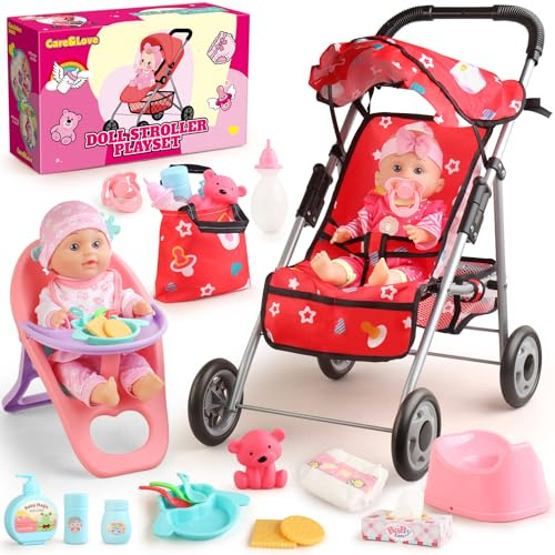 Baby Doll Stroller Set - A 12.5 Baby Doll with Doll Accessories & 2 Sets Clothes, Baby Doll Stroller for Toddlers 3-5, Doll Playset Toy Stroller for Kids, Gifts for Girls 3 4 5 Year Old Girls Toys