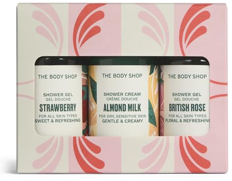 Shower Gel Trio Gift Set, 3-Piece Travel-Size Body Care, 3 x 60ml | (Worth £10.5) Almond, Strawberry and British Rose Body Washes, Refreshing and Softening, by The Body Shop