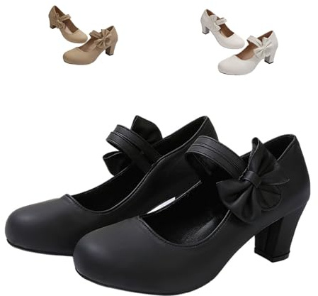 Mary Jane Heels with Bow, Low Chunky Block Double Ankle Strap Pumps Blocks, Retro Closed Round Toe Wedding Office Work Dress Shoes, Nero , 39 EU
