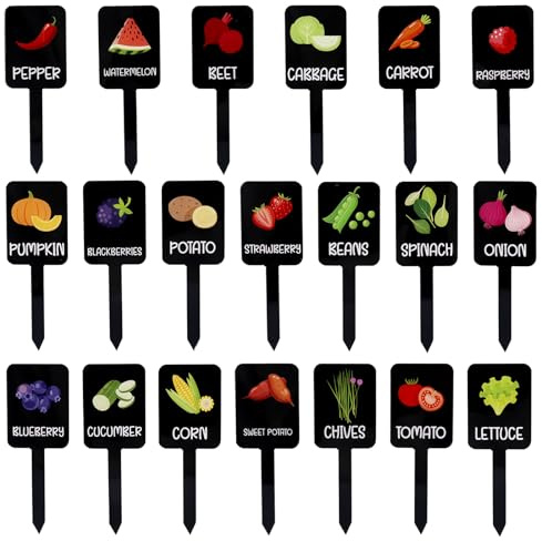20uds Etiquetas para Jardín, Acrílicas Impermeables Plantas con Nombres Impresos y Divertidos Dibujos Animados forma de T Estacas Verduras Frutas Marcadores Decorativos para Interior y Exterior
