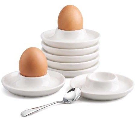 Sifxouped äggkoppar, vita keramiska äggkoppar 6 stycken stapelbara och diskmaskinssäkra äggkoppar i keramik, lämpliga för frukost, påsk och campingutflykter