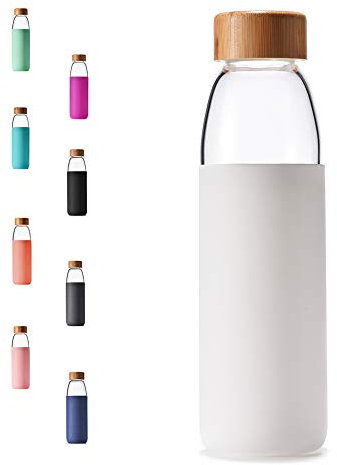 veegoal 18 Oz Borosilicate Glass Water Bottles with Bamboo Lid, BPA-FREE, Non-Slip Silicone Sleeve, and Stainless Steel Leak Proof Lid - Reusable Glass Bottle for Men and Women