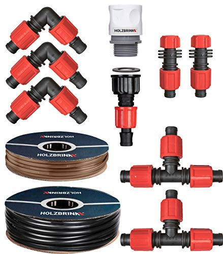 HOLZBRINK Sistema di irrigazione a Goccia, Set di irrigazione tuie e siepi: Linea di gocciolamento 5 m Profi 16 mm, 10 m Tubo LDPE 16 mm, HTB-12-5P-10