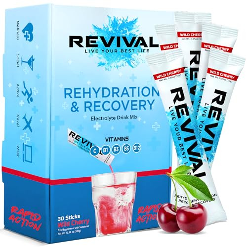 Revival Rapid Rehydration Electrolytes Powder - High Strength Vitamin C, B1, B3, B5, B12 Supplement Sachet Drink, Effervescent Electrolyte Hydration Tablets - 30 Pack Cherry