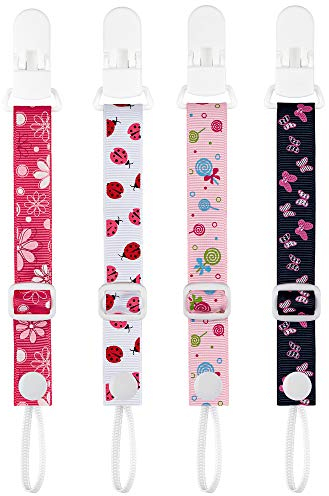 PREMYO 4 Piezas Cadena Chupete Bebé - Chupetero de Tela Niña con Clip - Ajustable Universal Durable Rosa
