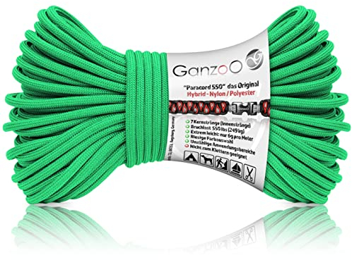 Ganzoo Paracord 550 Seil grün, 4mm, Typ 3, Nylon Polyester, Hybrid, Armband, Hunde-Leine, Hunde-Halsband knüpfen, ca. 250kg Bruchlast, Outdoor Rope, Camping Schnur, Allzweckseil, 30 Meter