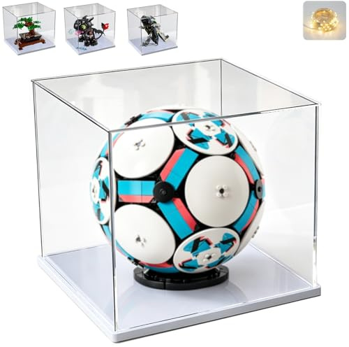 Acryl Vitrine Schaukasten 3mm für LEGO 43019 Fußball 10375 Drachenzähmen 10281 Bonsai Baum 75433 21590 75403 Figuren Sammlerstücke Transparente Acrylbox Präsentationsbox mit LED, Innen Weiß 25x25x25cm