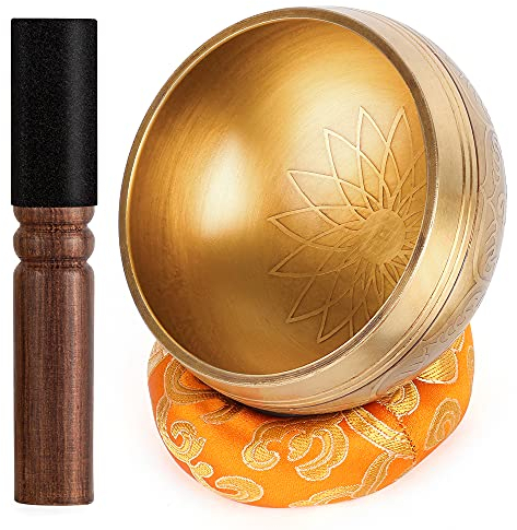Relaehih Tibetische Klangschalen Set, handgehämmert in Nepal Klangschale für Meditation, Yoga, Chakra, Meditationszubehör, Stressabbau-Werkzeug und einzigartige Geschenke für Frauen, Männer (Gelb
