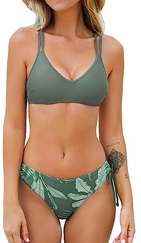 CUPSHE Women Swimsuit Bikini Set Two Piece Bathing Suit Criss Cross Back Tie Side with Double Spaghetti Straps, S