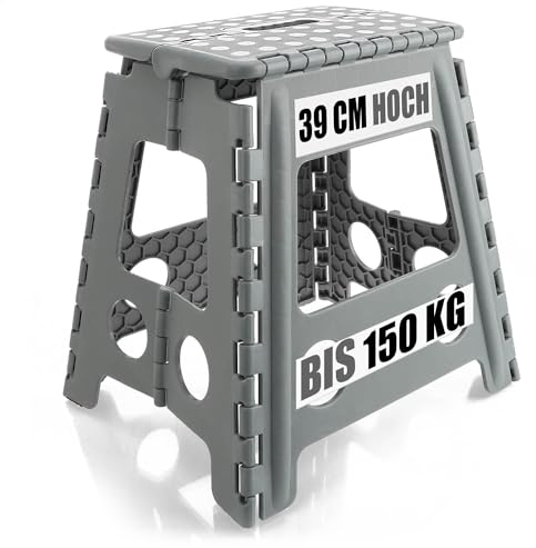 com-four® Klapptritt mit Gumminoppen XXL - Faltbarer Tritthocker - tragbare Aufstiegshilfe für Haushalt, Küche, und Bad - Rutschfester Klapphocker - Tragkraft bis 150 kg (weiß/grau XXL - 1 Stück)