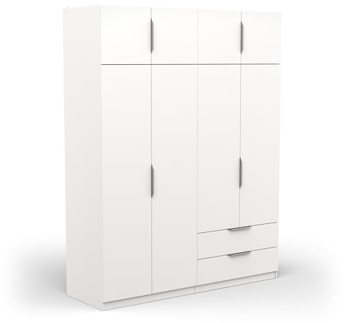 Armoire Dressing avec Penderie Moderne 8 Portes 5 Etagères 2 Tiroirs – Coloris Blanc Mat - 157,3 x 51,1 x 203 cm