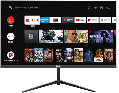 TuTu Smart Monitor 25 Zoll Android OS VA Panel FHD 1080P/60Hz, integrierter Lautsprecher, WiFi, Bluetooth, ultradünn, dreiseitig Rahmenlos, Zugriff auf Netflix, Prime Video, YouTube usw.