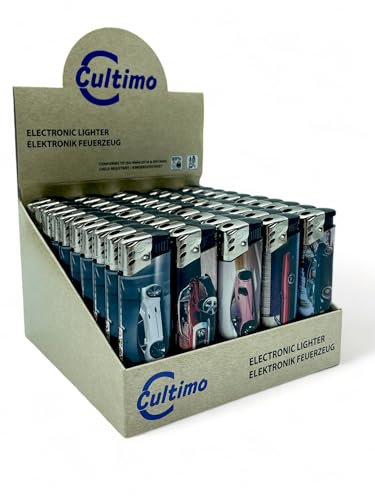 Cultimo 50 Stück Elektronik Feuerzeuge mit Motive, Nachfüllbar & Kindergesichert | Feuerzeug Lighter elektronische, Gas befüllt (Autos)