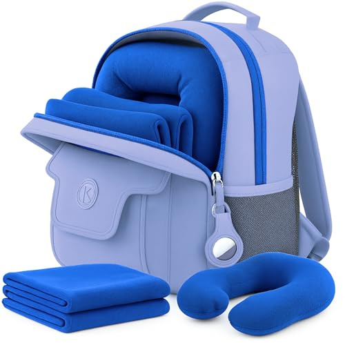 Kaywee 3pc Airplane Travel essentials Kids travel backpack for airplane, air tagholder for kids pillow and blanket | Toddler travel essentials