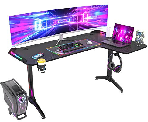 FATIVO Gaming Tisch L-Form Eckschreibtisch 160cm, Schreibtisch RGB Ergonomic Computertisch, PC Ecktisch mit LED Leuchten Getränkehalter Headset Haken, für Büro und Zuhause, Rechts