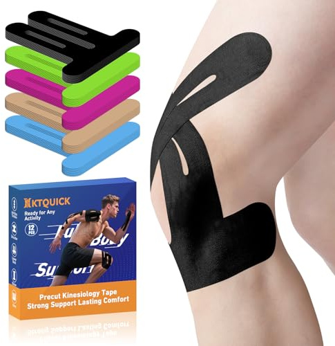 PreCut Kinesiology Tape for Knees, KTQUICK 12 PCS 20% Extra Adhesive Knee Tape for Knee Pain Relief Pre Cut, Anatomical for Maximum Hold, Waterproof&Hypoallergenic Cotton Latex-Free for Sports (Black)