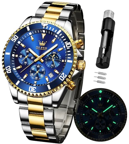 OLEVS Men's Watches Luxury Dress Stainless Steel Chronograph Quartz Watch | Big Face, Green Dial, Two Tone, Date, Moon Phase, Analog Sport Watch, 30M Waterproof, with Luminous Hands, for Men Gift