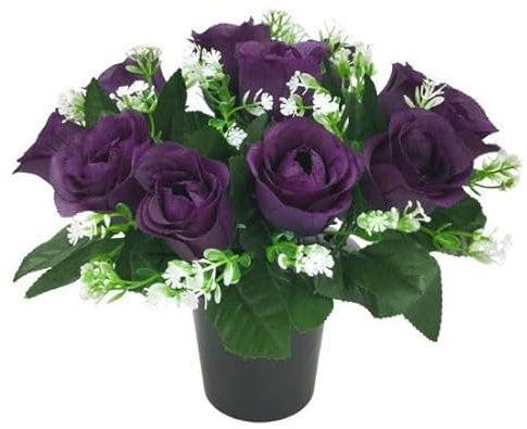Mr. Barry's artificial grave flower pot with foam insert | realistic funeral flowers | cemetery & memorial floral decorations for graveside use | Purple Roses
