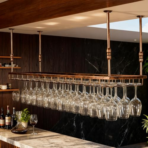 Dernoing 90cm Soporte para Copa de Vino Colgante de Metal, 30-60cm Altura Ajustable Colgador de Copas de Techo para Bar, Colgador Copas con Invertido Tallo para Barra Bar/Club (BN, 90x35cm)