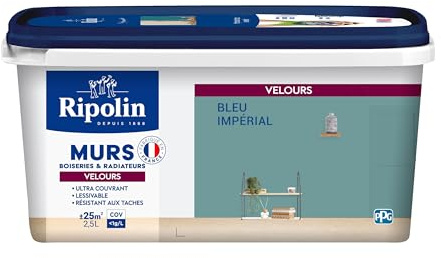 RIPOLIN - Peinture Intérieure Multi-Supports – Murs, Boiseries & Radiateurs – Ultra couvrante - Monocouche - Confort d'application - Aspect Velours - Bleu Imperial - 2,5L