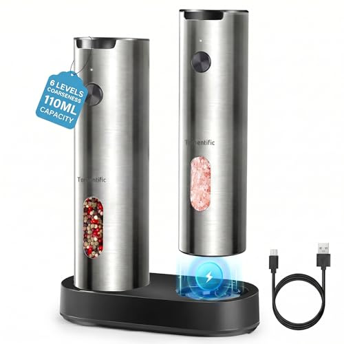 Electric Salt and Pepper Grinder Set with Rechargeable Base - Upgraded Large Capacity, Refillable Pepper Mill Set with LED Light & Adjustable Coarseness, Ideal for Kitchen, Outdoor (Polished Silver)
