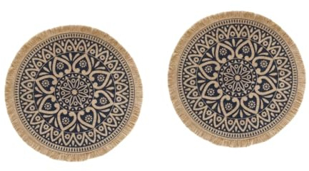 Warmhm 2 Pièces Napperon Jute Noir avec Franges Décoration Maison et Accessoire Photo Tapis de Table Lin Naturel