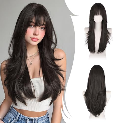 RUWISS Marrone Scuro Parrucca Lunga Layered Con Frange per Donna, 65cm Parrucche Naturale e Liscia Dritto Fibra Sintética Resistente per Uso