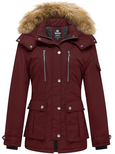 Wantdo Femme Blouson Rembourré Décontracté Veste Matelassée Manteau à Capuche Détachable Blouson Hiver Chaud Veste d'Extérieur Slim Fit Rouge XL